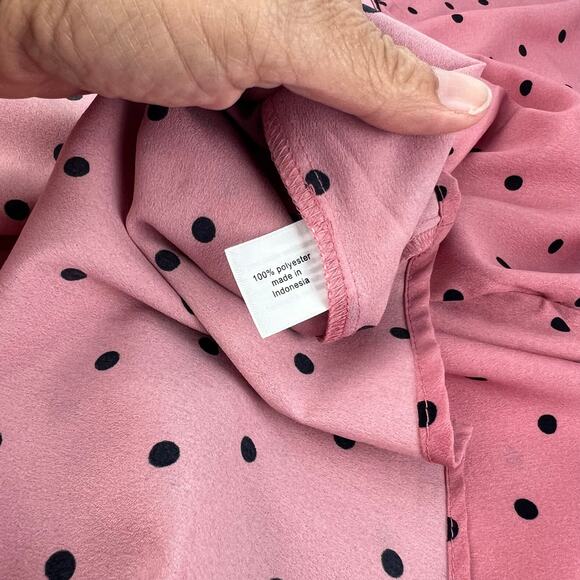 Lane Bryant 2XL Blouse Pink and Black Polka Dot Long Sleeve Tie Neck 18/20 - Picture 7 of 10